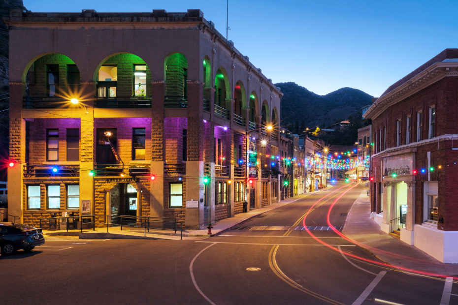 Colorful lights brighten up Main Street at night in Bisbee, Arizona.