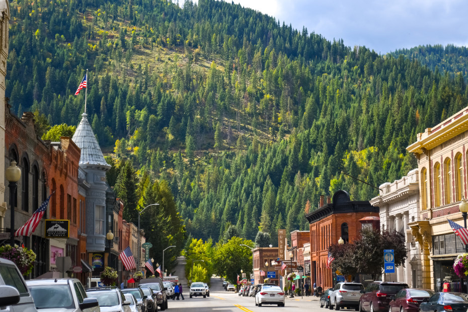 Wallace, Idaho's main street with turn-of-the-century brick buildings in the historic mining town of Wallace, Idaho, in the Silver Valley area of Northwest USA