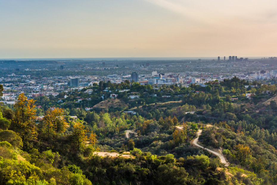 view of the trails running throughout Griffith Park with the L.A. skyline in the background