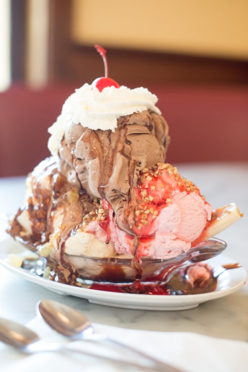 an ice cream sundae with a cherry on top at Fentons Creamery in Oakland, California, picture