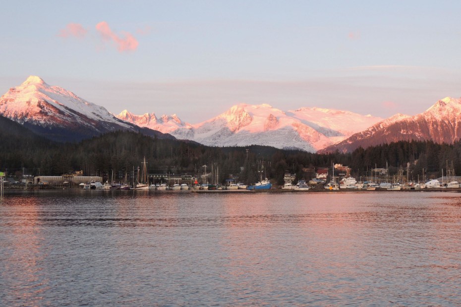 picture of the Auke Bay harbor, north of Juneau, at sunset