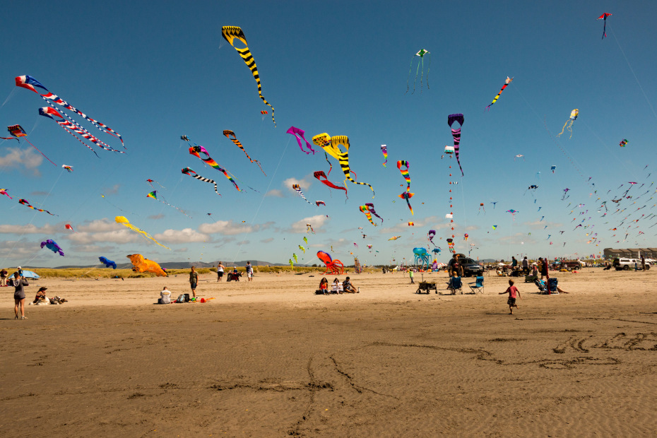 picture of the kites flying during the Washington State International Kite Festival in Long Beach, Washington