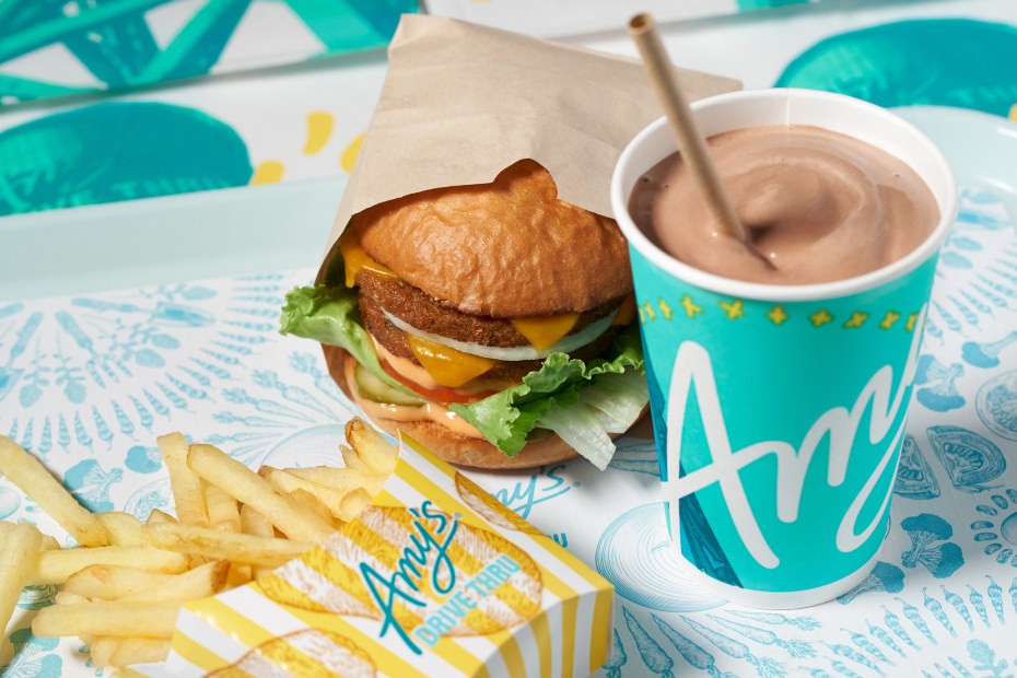 A combo burger, fries, and milkshake at Amy's Drive Thru.