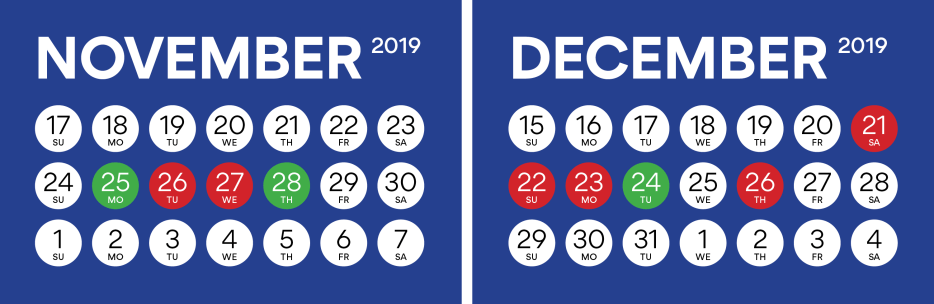 airfare calendar showing best time to buy tickets for Thanksgiving and Christmas 2019