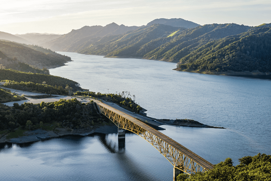 a bridge above the blue waters of Lake Sonoma near Cloverdale, California