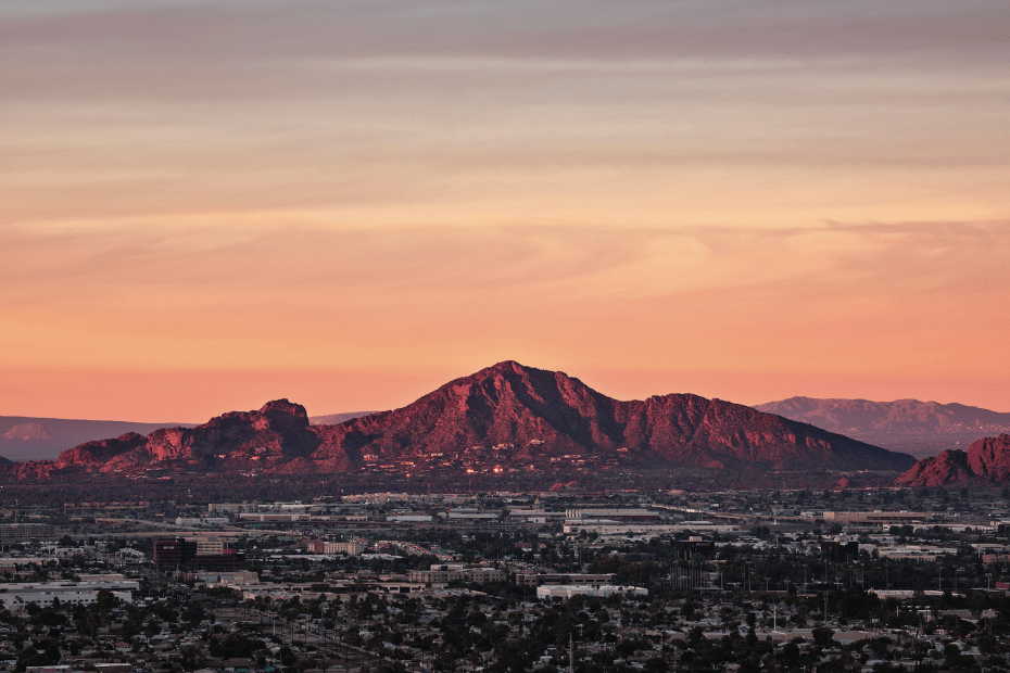 panoramic view in late afternoon across the Valley of the Sun towards Camelback Mountain in Phoenix, Arizona, pict