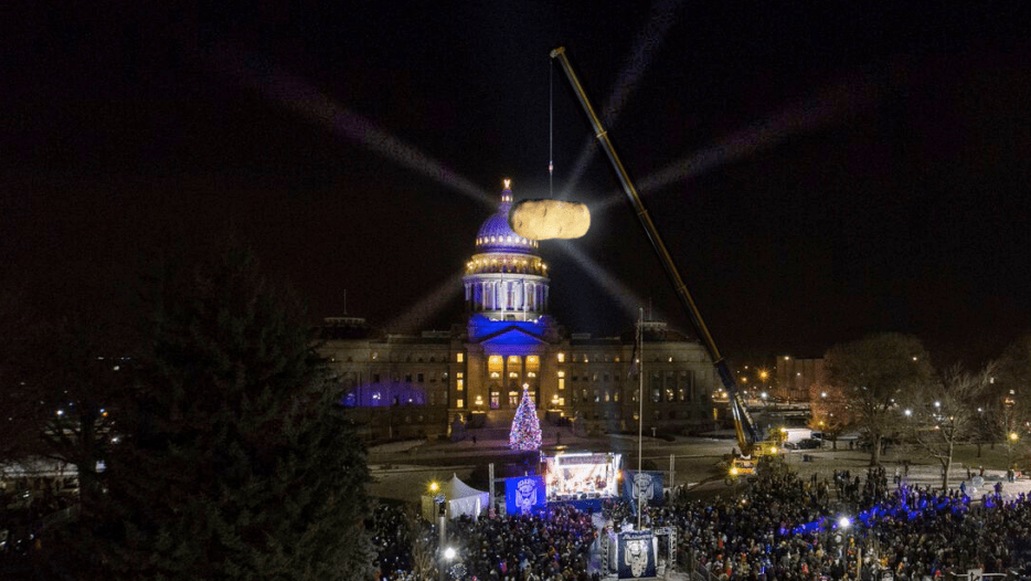 the glowtato hangs above downtown Boise, Idaho, during the New Year's Eve event, picture