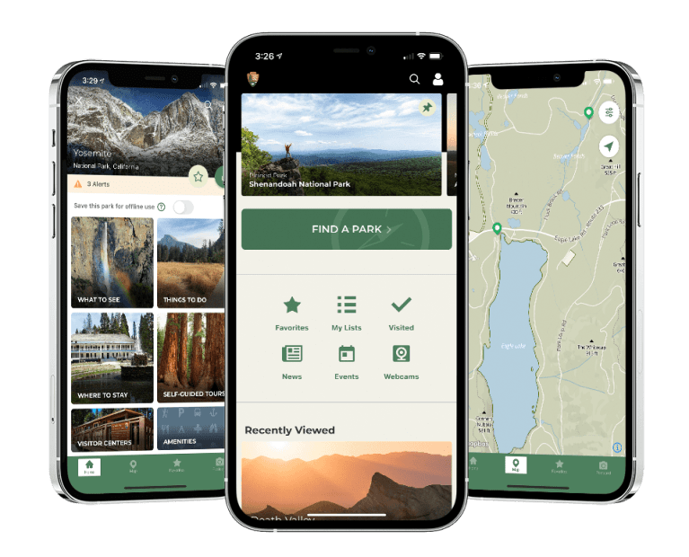 Screenshots of the National Park Service app on an iPhone.