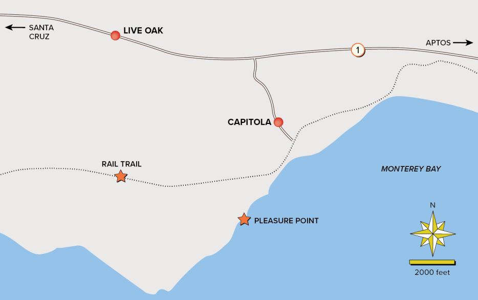 Map of Capitola to Live Oak walking route.