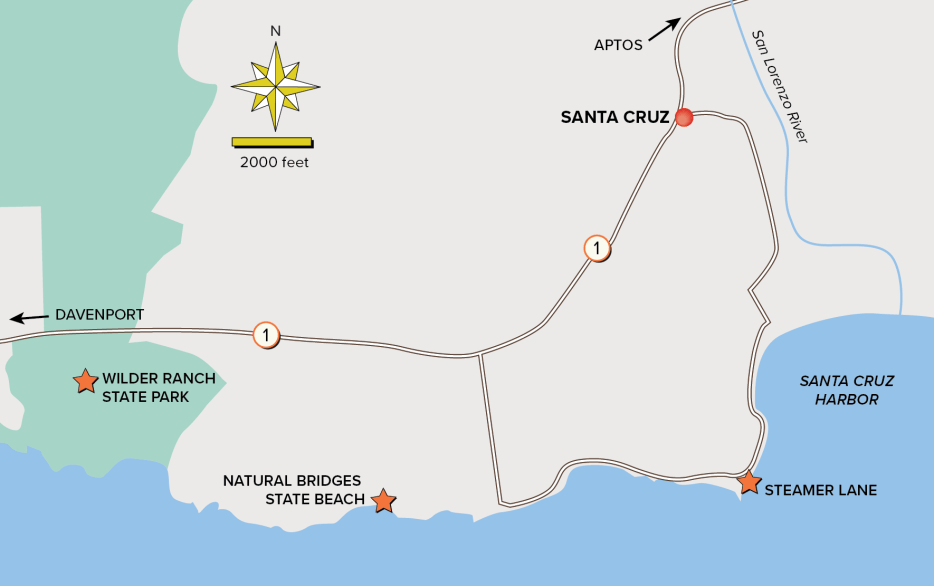 Map of walking route from Santa Cruz to Davenport.