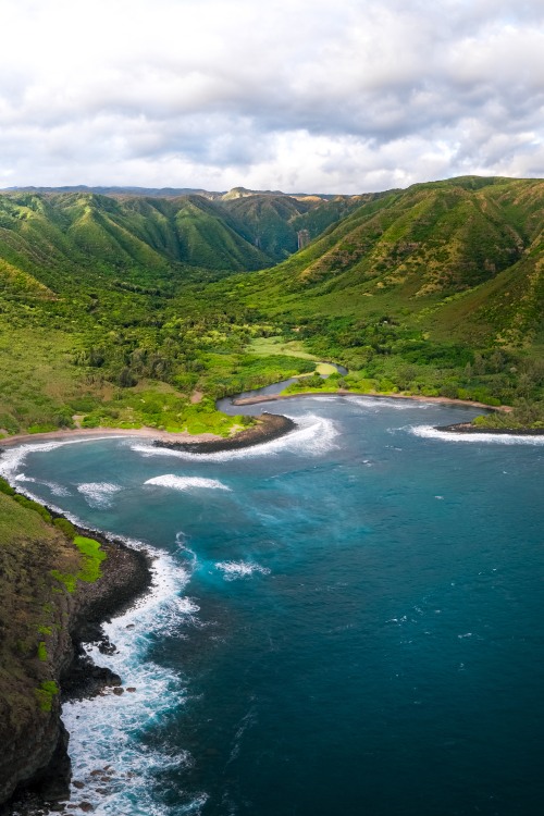 Aerial photo of Halawa Bay, Molokai on a cloudy day.