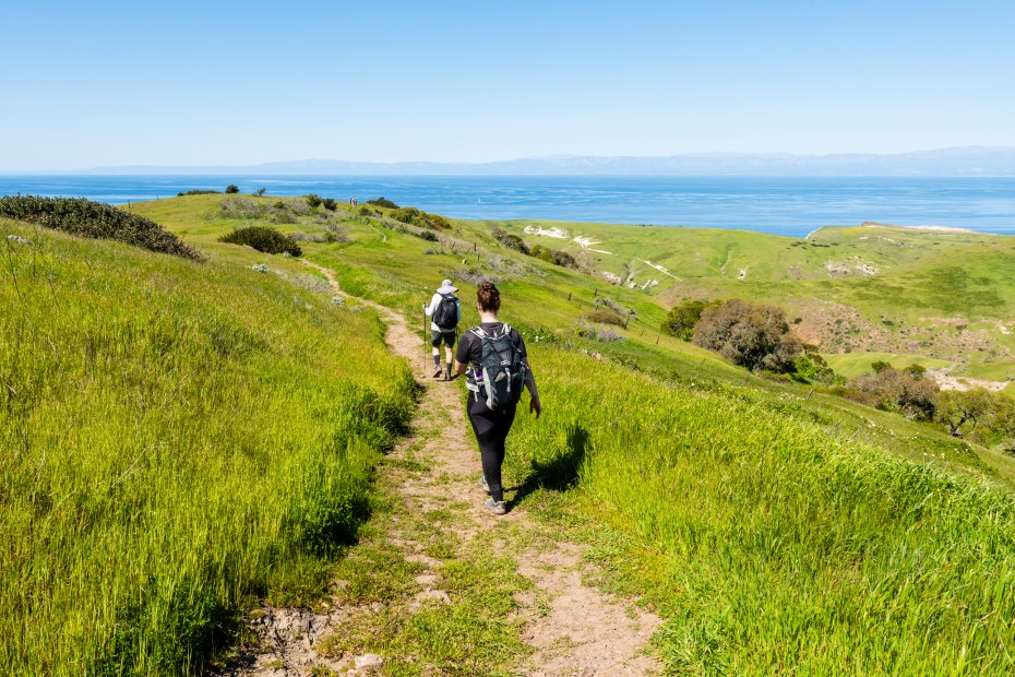 Two people hike the Scorpion Canyon Loop trail on Santa Cruz Island  in Channel Islands National Park.