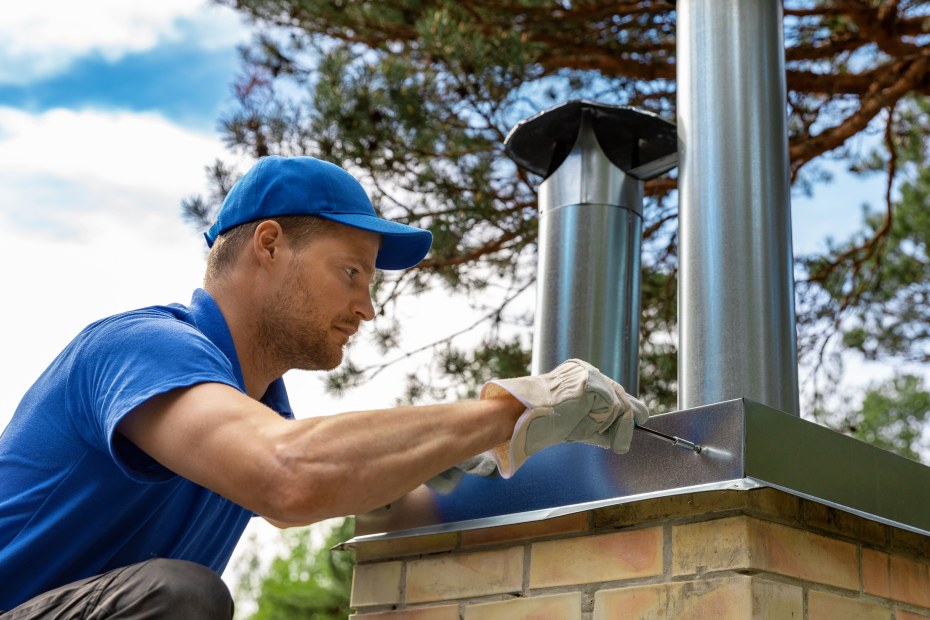 A masonry expert installs a chimney cap on a modern  brick fireplace chimney.