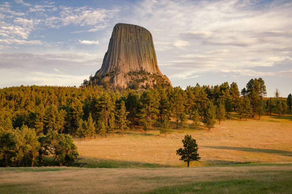 Devil’s Tower National Monument, Wyoming at sunset.