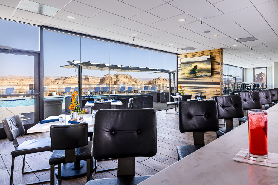 Inside the Driftwood Lounge which overlooks the pool at Lake Powell Resort and Marina.