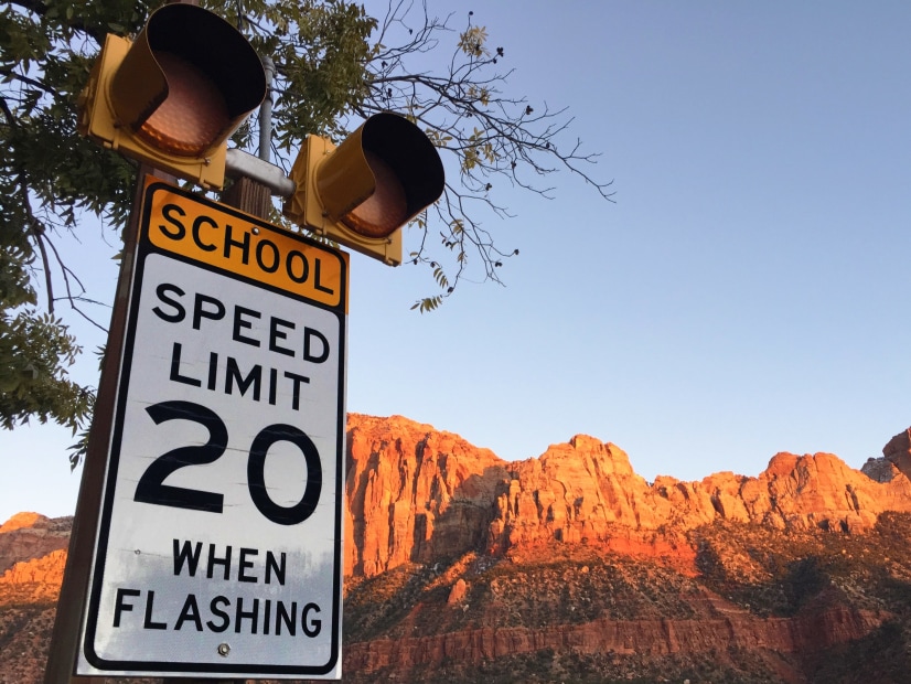 A traffic sign displaying the 20 mile speed limit near a school in Zion National Park.