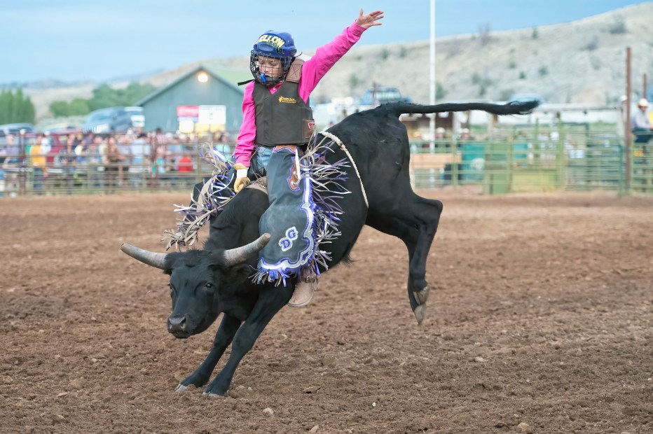 A child rides a steer at the Dubois Rodeo.