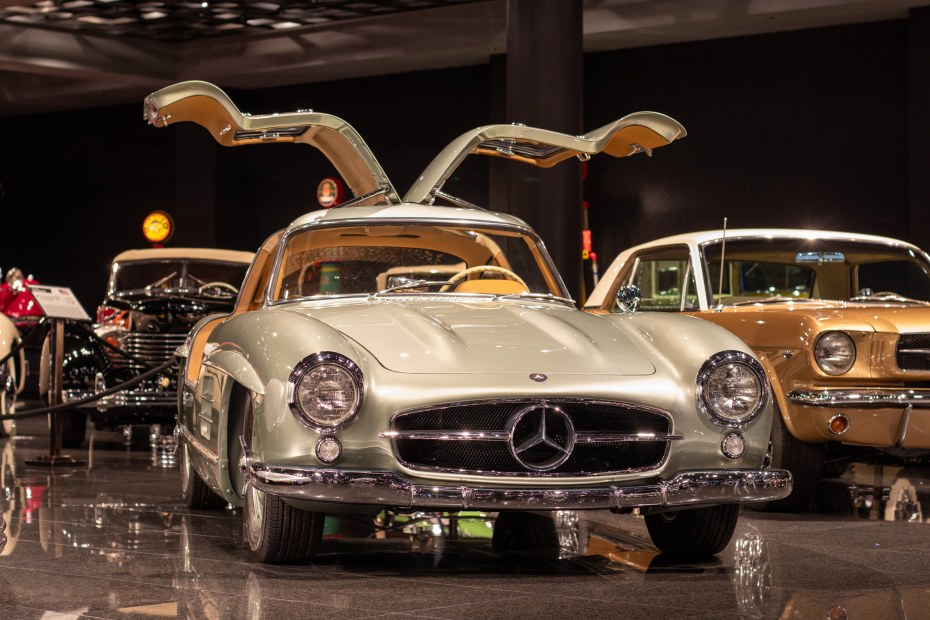 1955 Mercedes 300SL Gullwing with the doors open inside the Blackhawk Museum.
