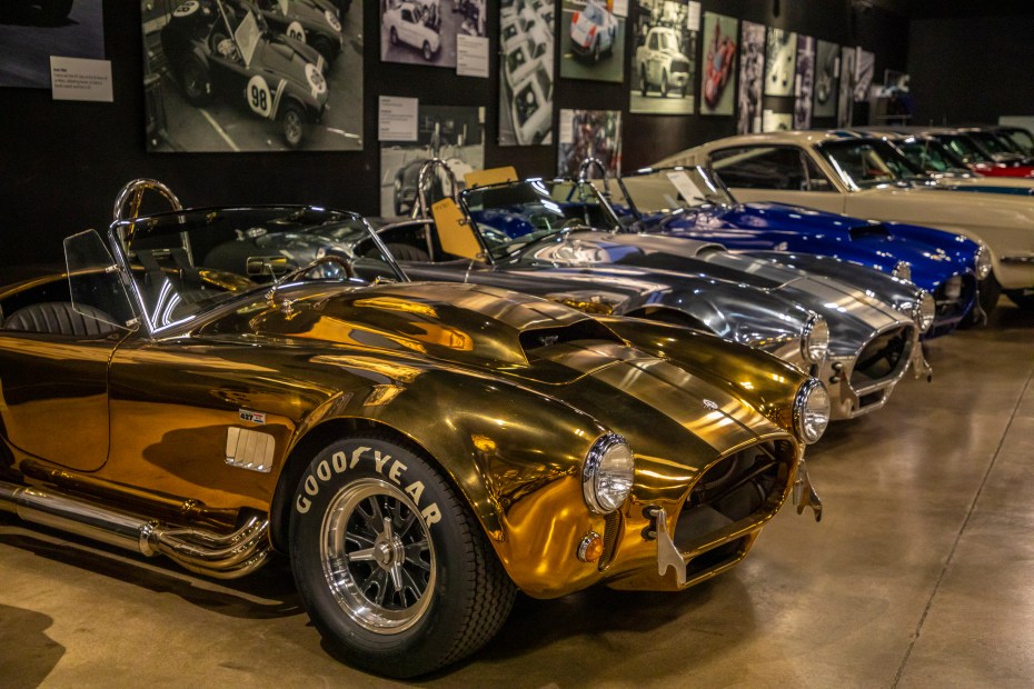 Shiny metalic Shelby cars lined up at the Shelby American museum in Las Vegas.