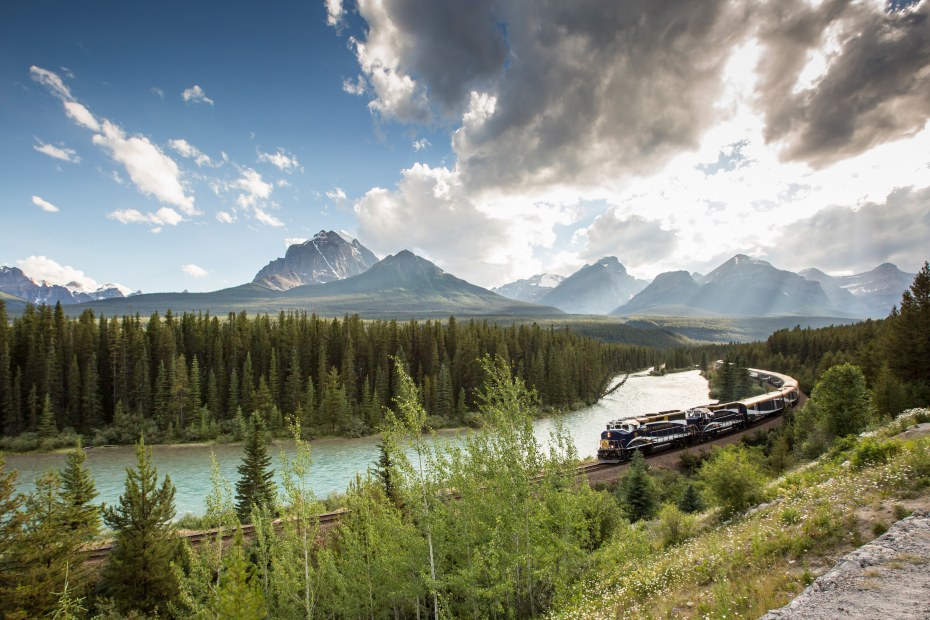 Rocky Mountaineer train in Morant's Curve in Alberta Canada.