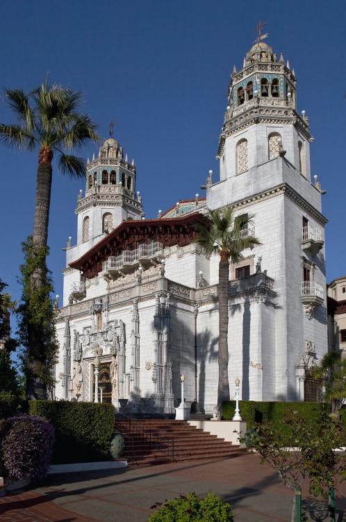 The white facade of Casa Grande at Hearst Castle. 