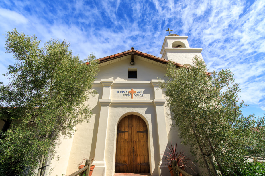 The wooden door of the Santa Cruz Mission State Historic Park in Santa Cruz, California.