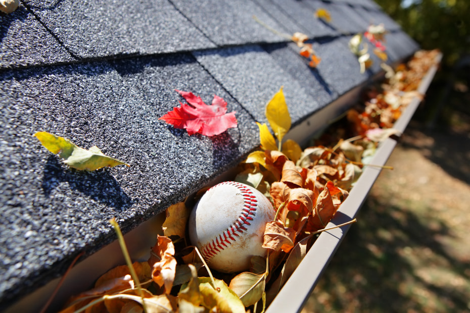 Dried leaves and a baseball fill a home's gutter.