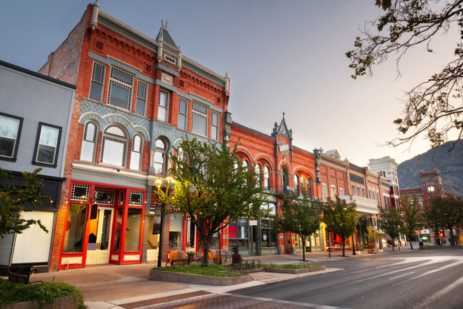 Center Street at dusk in downtown Provo, Utah.