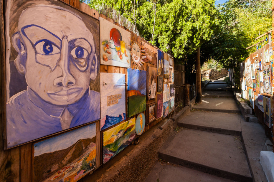 Art lines the walls of the Broadway Stairs in Bisbee, Arizona.