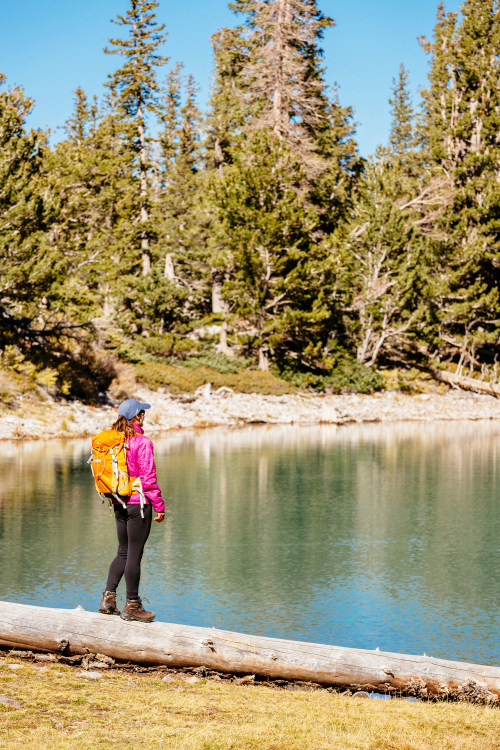 A hiker stands on a log next to Teresa Lake in Great Basin National Park.