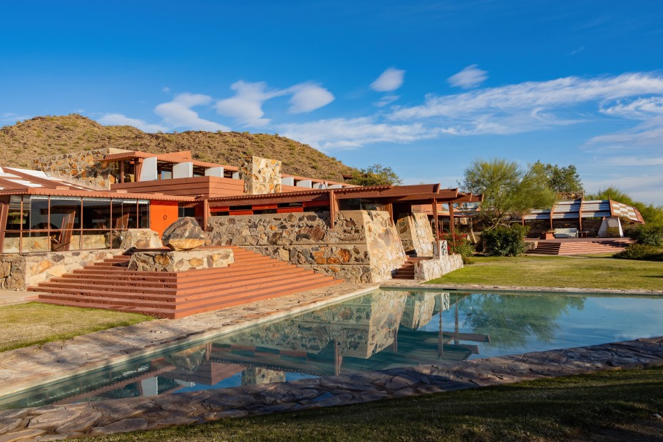 The exterior of Frank Lloyd Wright's former home, Taliesin West overlooking the pool.