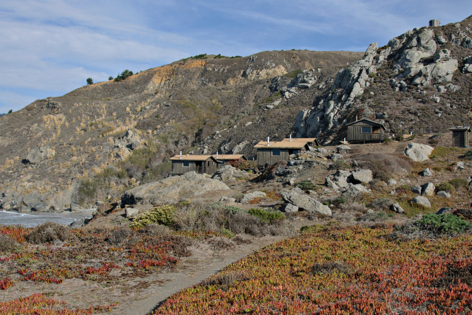 Steep Ravine cabins perched on the edge of a bluff in California's Mt. Tamalpais State Park.