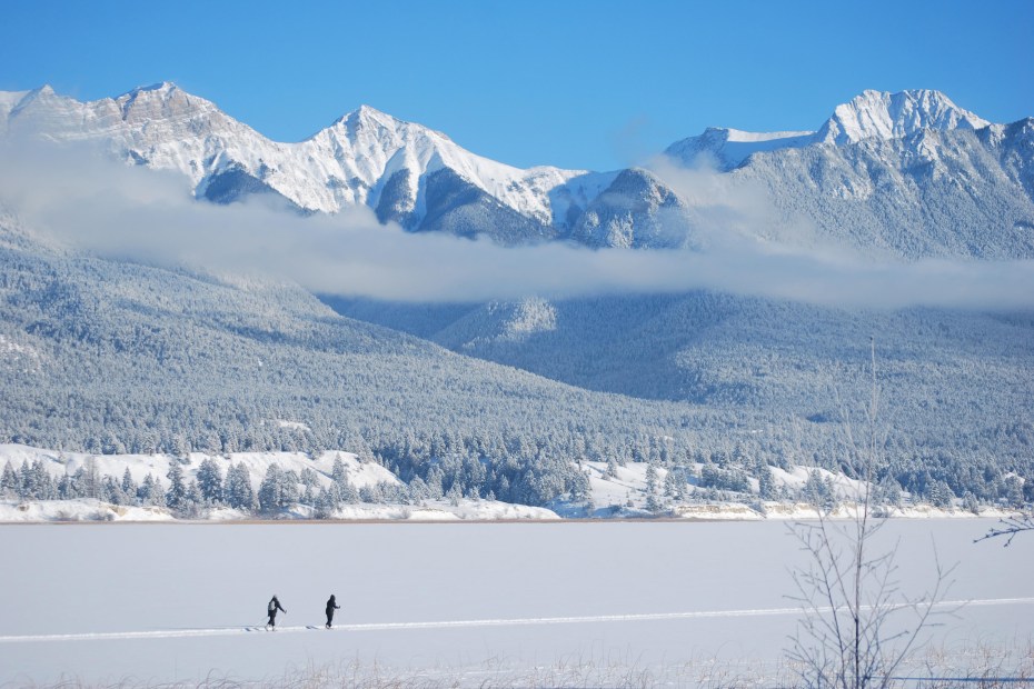 Cross-country skiers on the Whiteway trail on Lake Windermere in British Columbia, Canada.