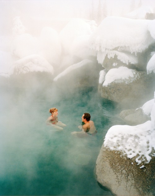 A couple soak in the hot springs at the Chena Hot Springs Resort near Fairbanks, Alaska.