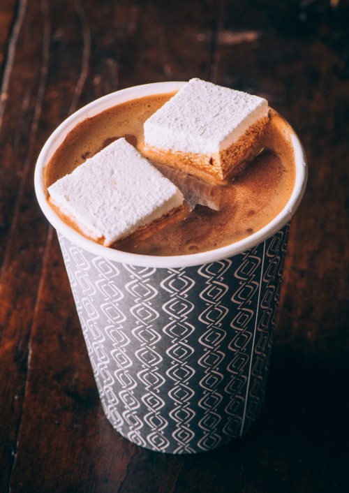 A cup of hot chocolate on a table at Dandelion Chocolate in San Francisco, California.