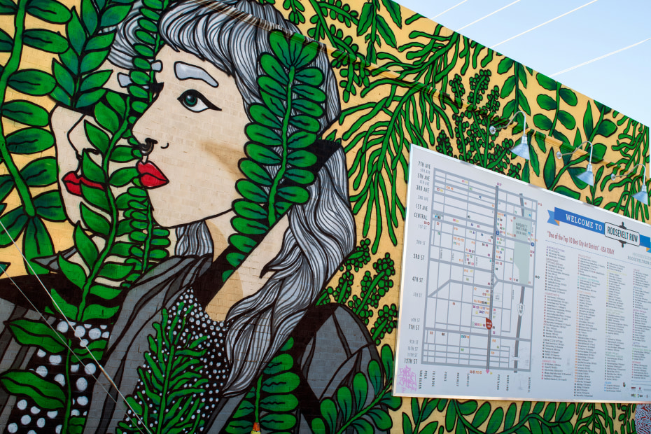 A mural of two women in foliage on Roosevelt Row in downtown Phoenix.