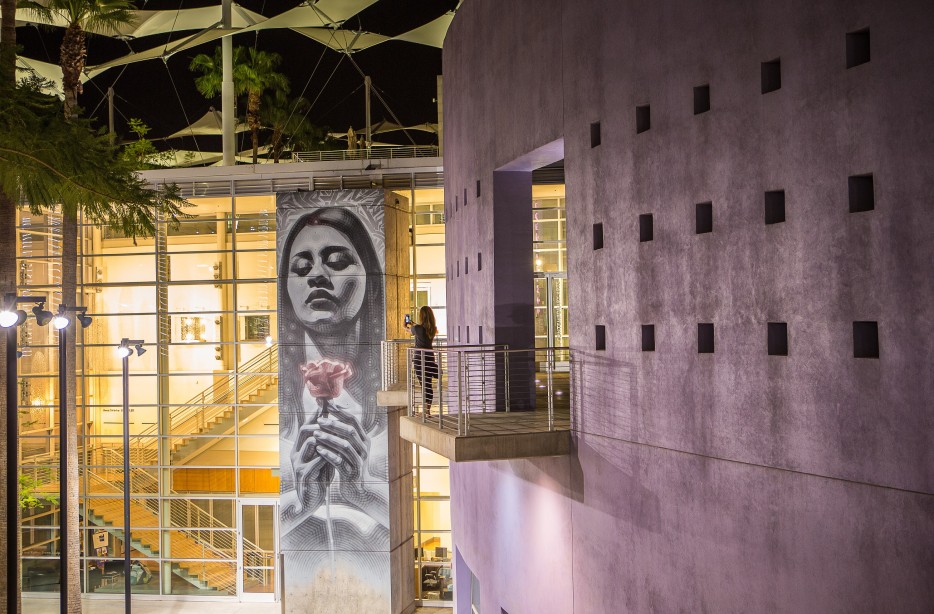 A woman takes a photo of El Mac Mural at Mesa Arts Center.