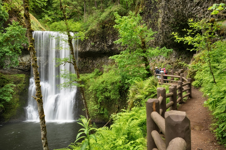 Hikers overlook the Lower South Falls on the Trail of Ten Falls in Silver Falls State Park, Oregon.