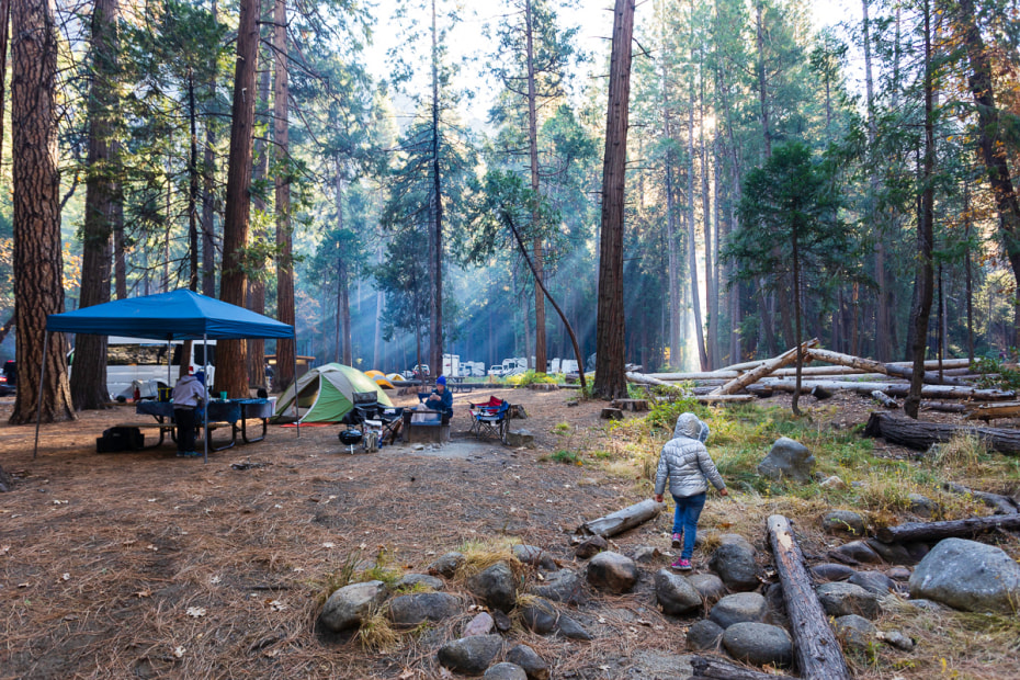 A family camps at Yosemite National Park's Upper Pine Campground.