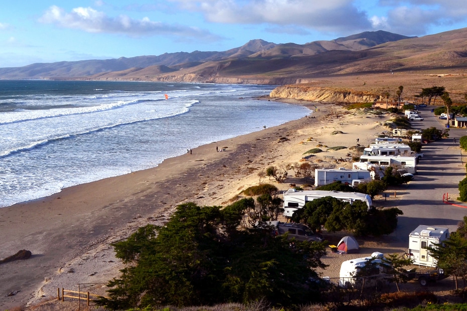 RVs and tents at Jalama Beach Park in Santa Barbara County, California.