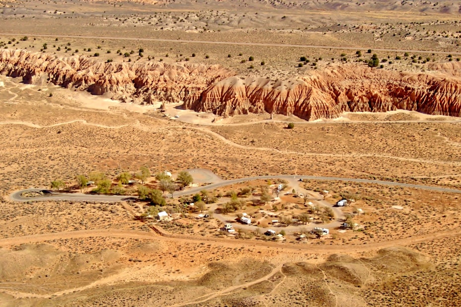 Aerial view of the campground at Cathedral Gorge State Park near Panaca, Lincoln County, Nevada.