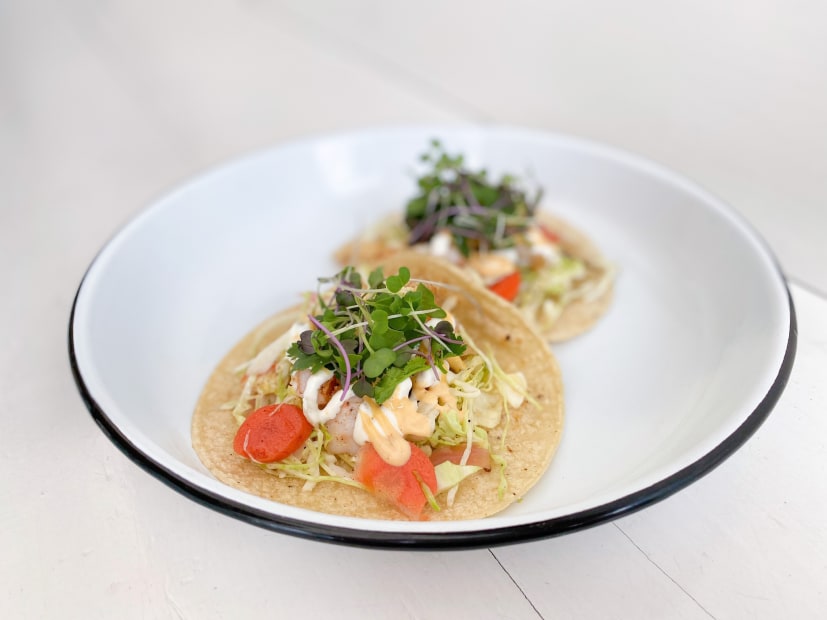 Shrimp tacos on a plate from Dillon Beach Resort's Coastal Kitchen.