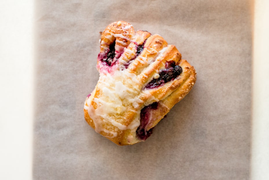 Huckleberry bear claw on parchment paper from Polebridge Mercantile and Bakery in Polebridge, Montana.