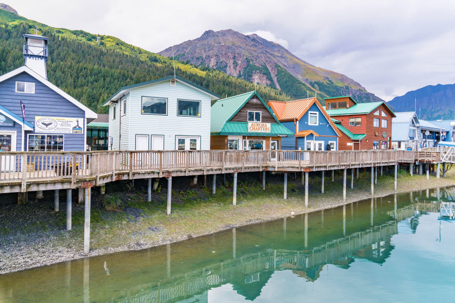 Colorful shops along the harbor of Resurrection Bay.