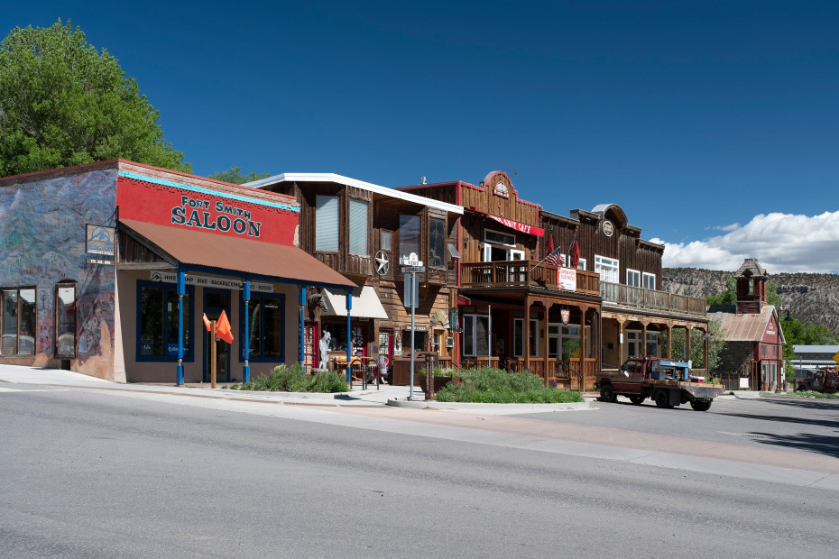 View of the historic Western town of Ridgway in the San Juan Mountains of Colorado