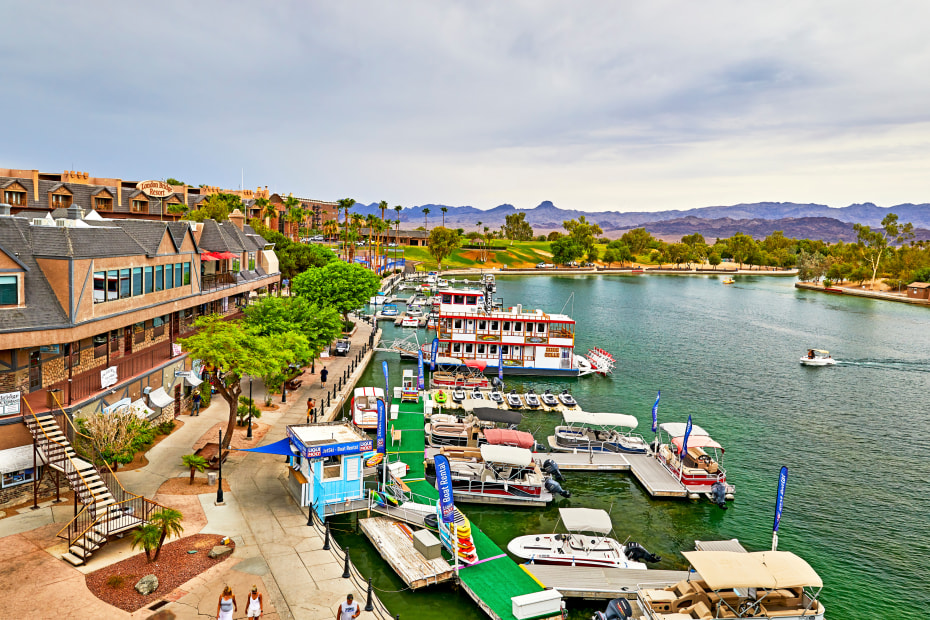 View of a Lake Havasu, Arizona dock taken from the the London Bridge.