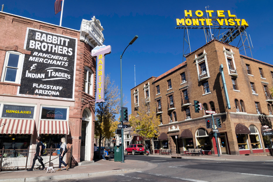 View of the historic downtown area with vintage architecture in Flagstaff, Arizona