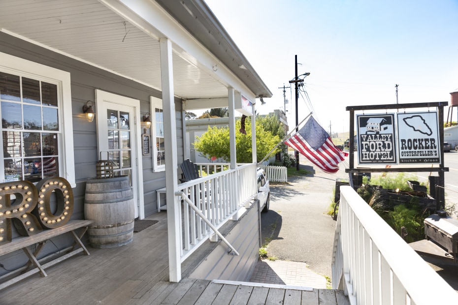 The porch at Rocker Oysterfeller's restaurant in Bodega Bay, California