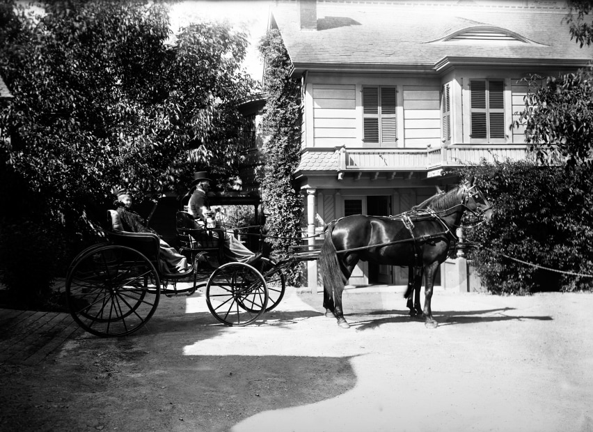 Historic image of Sarah Winchester in a horse-drawn carriage.