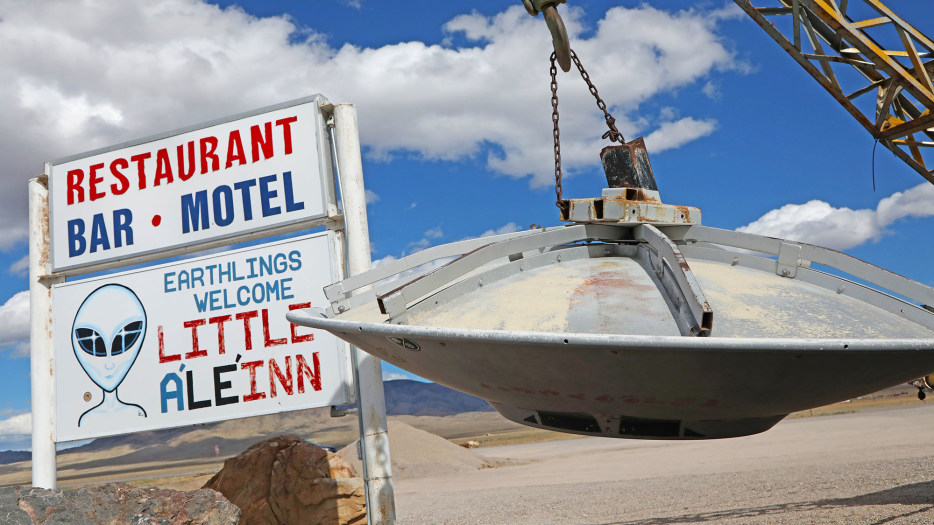 A UFO hangs outside of Little A’Le’Inn.